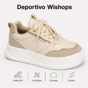 Zapatilla urbana beige con detalles en gamuza, suela blanca gruesa y brillos en el talón, vista lateral en ángulo.